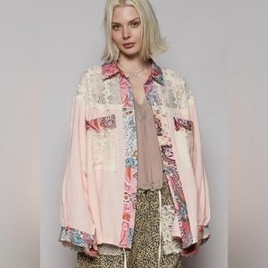 POL NWOT Boho Gauze Button Down Blouse Lace Patchwork Trim Pink Size Small